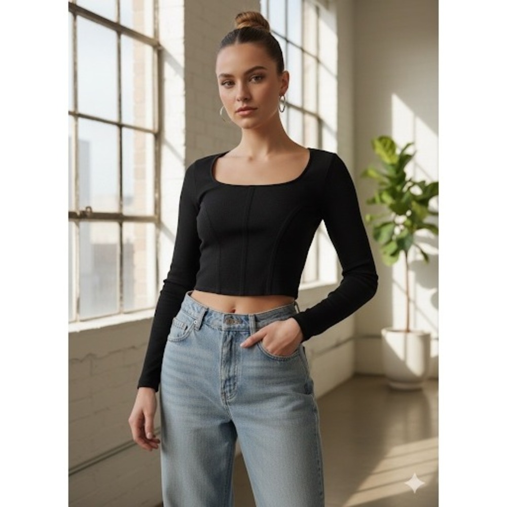 Happily Grey Black Ribbed Square Neck Corset Seam Cropped Long Sleeve Top Size M